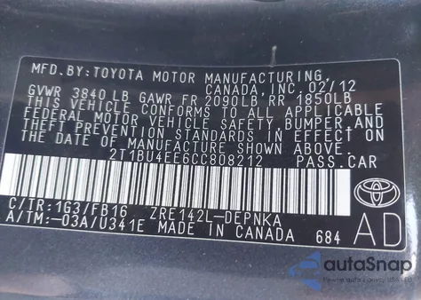 2012 Toyota Corolla Le из США, поврежденный, VIN 2T1BU4EE6CC808212